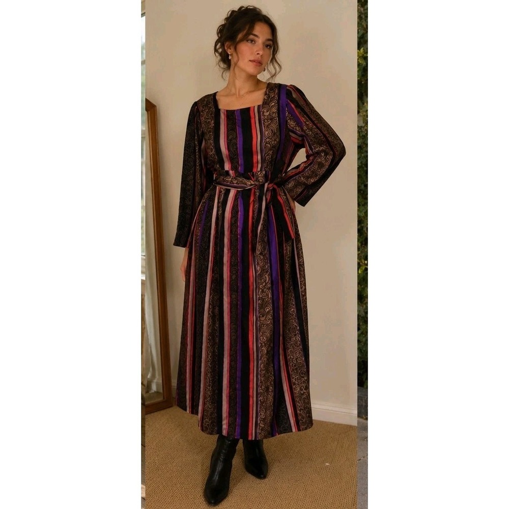 70s Womens Boho Stripe Dress Belted Long Sleeve Midi Purple Brown Abstract